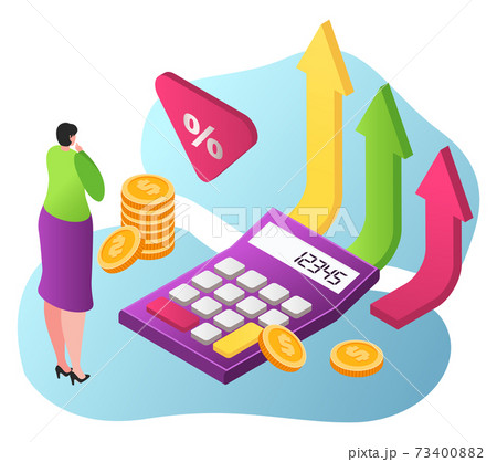Woman character standing near calculator, business growth stock share, calculation money fund 3d isometric vector illustration, isolated on white. 73400882