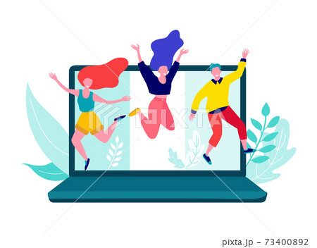 Group modern young people jumping from device laptop, online dialogue friend together remote discussion flat vector illustration, isolated on white. 73400892