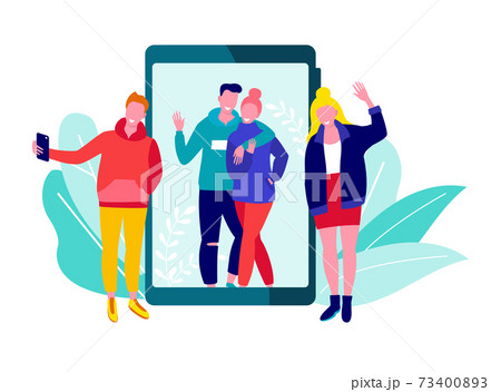 Modern young people cheerful communication, online dialogue friend together, remote conversation flat vector illustration, isolated on white. 73400893