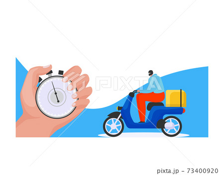 Fast delivery service, male hand hold pocket watch, postman character ride motorbike with post package flat vector illustration, isolated on white. 73400920