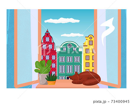Domestic cat relax sleep on windowsill with pot flower, european urban landscape, cozy home room flat vector illustration, isolated on white. Domestic cat relax sleep on windowsill with pot flower, european urban landscape, cozy home room flat vector illustration, isolated on white. 73400945