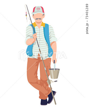 Male fishing hobby, character hold rod, man wear special fisherman costume cartoon vector illustration, isolated on white. 73401289