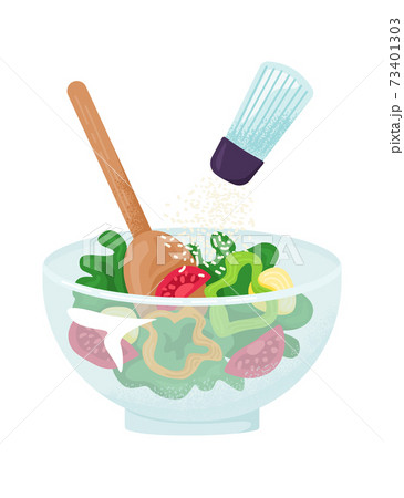 Healthy vegetarian bowl vegetable, organic farm growing tomato, green salad leaf and sweet paprika flat vector illustration, isolated on white icon. Healthy vegetarian bowl vegetable, organic farm growing tomato, green salad leaf and sweet paprika flat vector illustration, isolated on white icon. 73401303