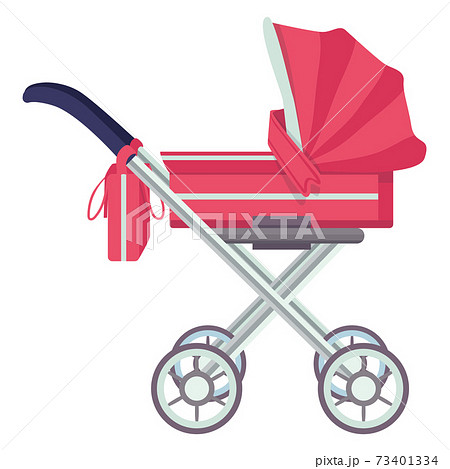 Little children baby carriage, concept child pram standing front, red perambulator cartoon vector illustration, isolated on white. 73401334