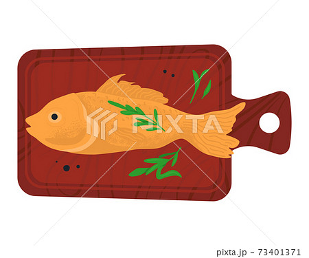 Marine fish lying on kitchen wooden board, ocean foodstuff minnow, cooking sea edible flat vector illustration, isolated on white. 73401371