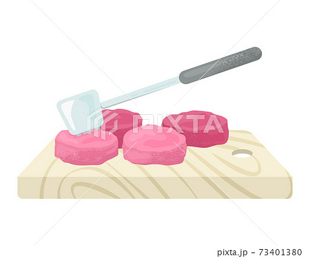 Wooden kitchen food board with organic meat stuff, hammer for beef, organic fresh mince slice flat vector illustration, icon isolated on white. Wooden kitchen food board with organic meat stuff, hammer for beef, organic fresh mince slice flat vector illustration, icon isolated on white. 73401380