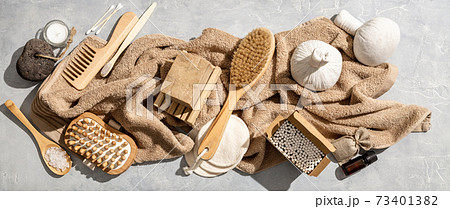 Zero waste, eco friendly bathroom accessories on concrete background Zero waste, eco friendly bathroom accessories on concrete background 73401382