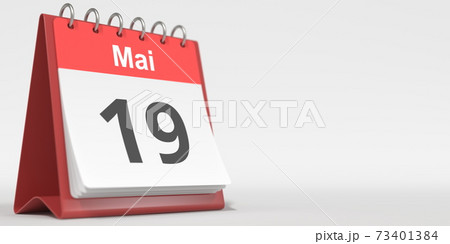 May 19 date written in French on the flip calendar page, 3d rendering May 19 date written in French on the flip calendar page, 3d rendering 73401384