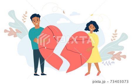 Ethnic couple holding broken halves of the heart. Blacks Man and woman reunite, uniting large, cracked heart. Vector. The concept of love, restoration of relationships and family, conflict resolution 73403073