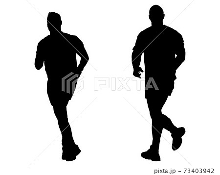 並んでジョギングをする男性シルエットのイラスト素材