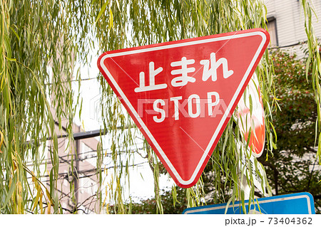 英語併記の新道路標識 規制標識 一時停止 京都府京都市内 の写真素材
