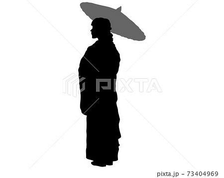 和傘をもって佇む和服女性の全身シルエットのイラスト素材
