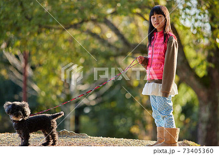 冬の公園でプードルの犬を連れて散歩している子供の様子の写真素材