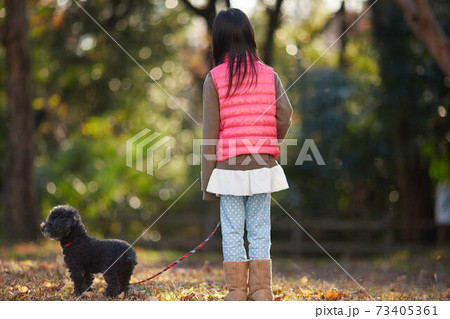 冬の公園でプードルの犬を連れて散歩している子供の様子の写真素材