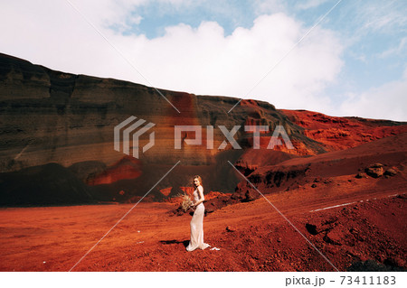 Portrait of a bride model in a golden wedding evening dress, in a yellow-red sandy quarry, in the crater of a volcano in Iceland, Golden Circle. Bouquet of snags and golden branches. Portrait of a bride model in a golden wedding evening dress, in a yellow-red sandy quarry, in the crater of a volcano in Iceland, Golden Circle. Bouquet of snags and golden branches. 73411183