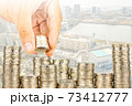 Exposure of Finance and Saving money banking concept,Hope of investor concept,Male hand putting money coin like stack growing business. background the city 73412777