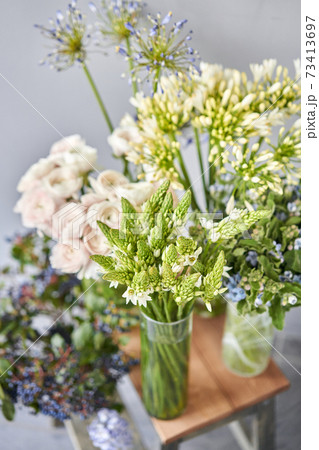 Set of white and blue flowers for Interior decorations. The work of the florist at a flower shop. Fresh cut flower. European floral shop. Delivery fresh cut flower Set of white and blue flowers for Interior decorations. The work of the florist at a flower shop. Fresh cut flower. European floral shop. Delivery fresh cut flower 73413697
