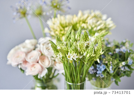 Set of white and blue flowers for Interior decorations. The work of the florist at a flower shop. Fresh cut flower. European floral shop. Delivery fresh cut flower 73413701
