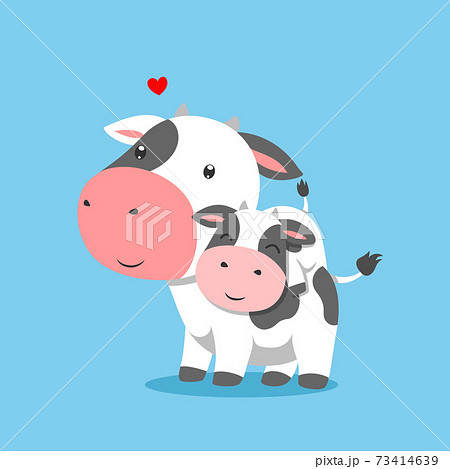 The Cow Is Lifting His Baby Cow On His Backのイラスト素材