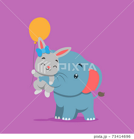 The little elephant is playing and lifting the little rabbit holding the balloon 73414696