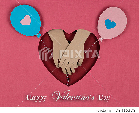 Valentine's Day card. Creative paper cut background with paper balloons and look of the lovers hands. Valentine's Day card. Creative paper cut background with paper balloons and look of the lovers hands. 73415378
