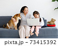 Asian mother and daughter sitting on sofa with their Shiba Inu and using laptop computer together. 73415392