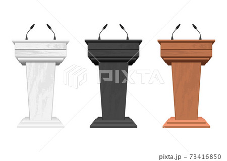 Wooden podium tribune with microphones vector illustration isolated on white 73416850