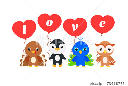 Group of cute animals. Cartoon turkey, penguin, peacock, owl stand and hold balloons in their hands. Happy Valentine day. Set of characters isolated on white background. Vector stock illustration. 73418775