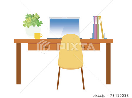 リモートワーク在宅ワークのイメージイラスト デスク椅子pcパソコンイラスト観葉植物白バックのイラスト素材