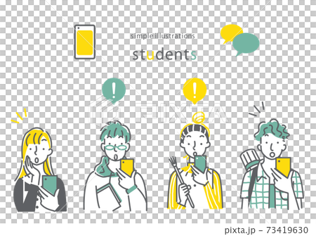 時尚和簡單的線條畫插圖集為使用智能手機的各個系的大學生設置 73419630