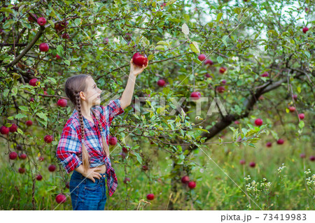 Portrait of a cute girl in a farm garden with a red apple. Portrait of a cute girl in a farm garden with a red apple. 73419983