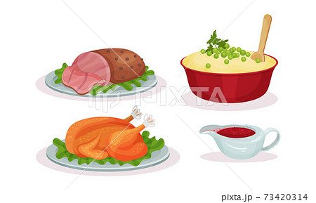 Whole Roasted Chicken and Mashed Potato Served on Plate as Traditional Christmas Eve Dinner Vector Set Whole Roasted Chicken and Mashed Potato Served on Plate as Traditional Christmas Eve Dinner Vector Set 73420314
