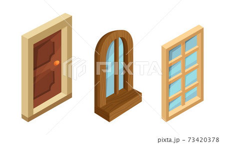 Isometric Door and Windows as Building and House Facade Elements Vector Set 73420378