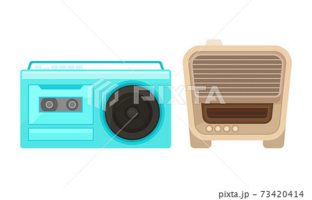 Retro Radio Receiver or Wireless as Electronic Device Receiving Radio Waves Vector Set 73420414