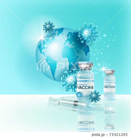 Coronavirus vaccine pandemic medical concept with world globe, COVID-19 molecules, syringe,cure vial Coronavirus vaccine pandemic medical concept with world globe, COVID-19 molecules, syringe,cure vial 73421265