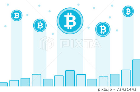上昇する仮想通貨 ビットコインのロゴ入りコインと棒グラフ Btc 値上がり 高騰イメージの水色のイラスト素材