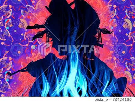 怒りに打ち震える吉原花魁のシルエットと燃える炎の人物挿絵のイラスト素材