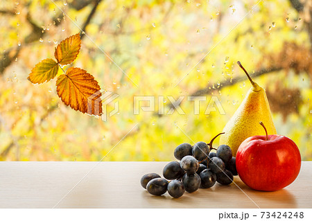 Pears, grapes, apple and autumn yellow leaf on window glass with water drops 73424248
