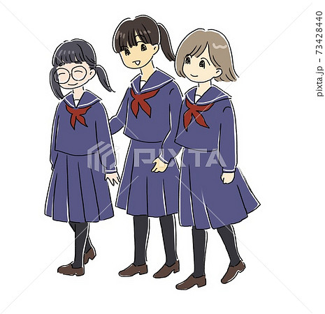 セーラー服で歩く3人の女の子のイラスト素材