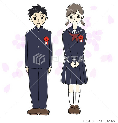 桜と学ランとセーラー服の男女 卒業式 入学式のイラスト素材