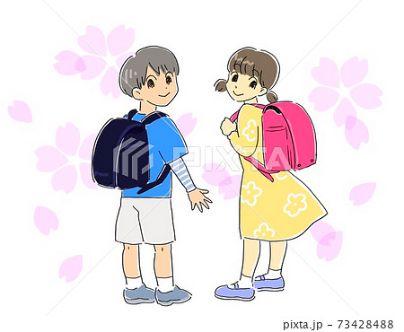 桜とランドセルを背負って振り向く男の子と女の子のイラスト素材