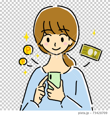 ポイントとお金をスマホで稼ぐ若い女性のイラストのイラスト素材