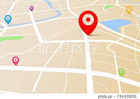 3D top view of a map with destination location point 012 73430950