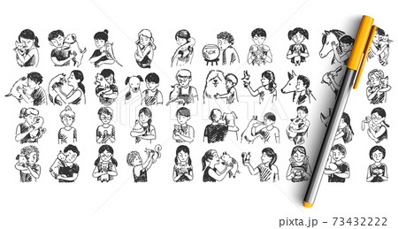 Kids with pets doodle set Kids with pets doodle set 73432222