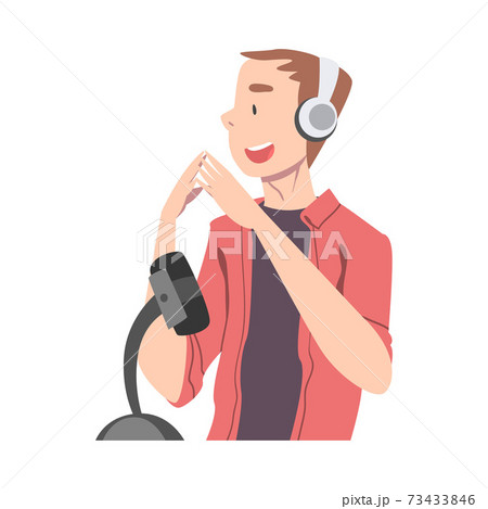 Young Man in Headphones Listening and Recording Audio Podcast with Microphone in Studio Cartoon Style Vector Illustration 73433846