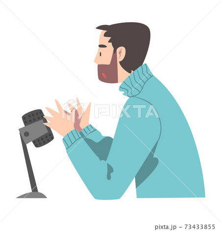 Man Recording Audio Podcast at Workplace, Radio Host Communicating in Studio Cartoon Style Vector Illustration 73433855
