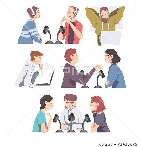 People Doing Live Audio Podcasts Set, Radio Hosts Communicating with Guests in Studio Cartoon Style Vector Illustration People Doing Live Audio Podcasts Set, Radio Hosts Communicating with Guests in Studio Cartoon Style Vector Illustration 73433879