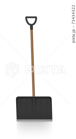 Black snowpusher, plastic snow shovel, symbolic for winter road clearance, single tool with wooden stick. Isolated vector illustration on white background. 73434322