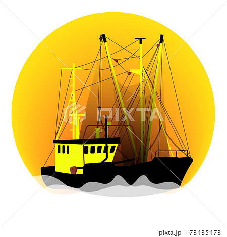 Fishing boat trawler in the open sea fishing. Illustration in yellow-orange colors, vector Fishing boat trawler in the open sea fishing. Illustration in yellow-orange colors, vector 73435473