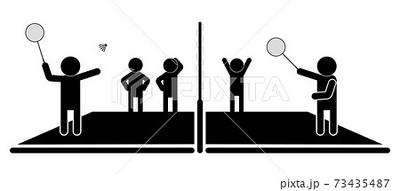 badminton game. The scene on the court, the player swung a tennis racket to serve the opponent, the audience in the hall. Isolated vector on white background badminton game. The scene on the court, the player swung a tennis racket to serve the opponent, the audience in the hall. Isolated vector on white background 73435487